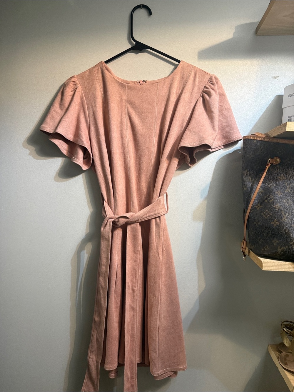 Fate Dusty Rose Belted Midi Dress with Flutter Sleeves